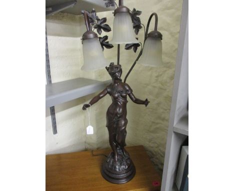 A modern bronzed effect table lamp in the form of a Grecian lady having three small frosted glass shades, 37 h