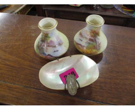 A silver and mother of pearl ashtray and a pair of Worcester vases, one A/F