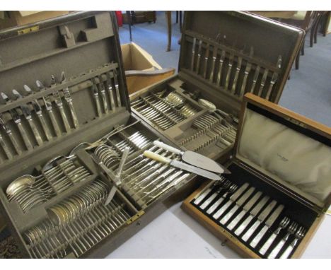 Three canteens of silver plated cutlery to include two Mappin and Webb sets and a mother of pearl handled set