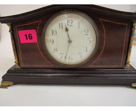 An Edwardian mahogany Queen Anne style mantle clock with inlaid boxwood on bracket feet, 6 high