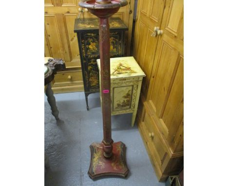 An early 20th century chinoiserie decorated and red painted standard lamp, 60h