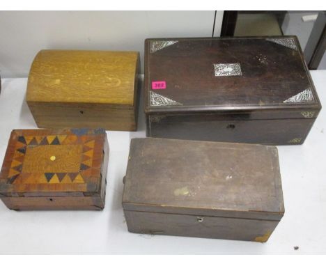 Four 19th century boxes to include a string inlaid mahogany tea caddy, 12w, a mother of pearl inlaid rosewood writing slope a