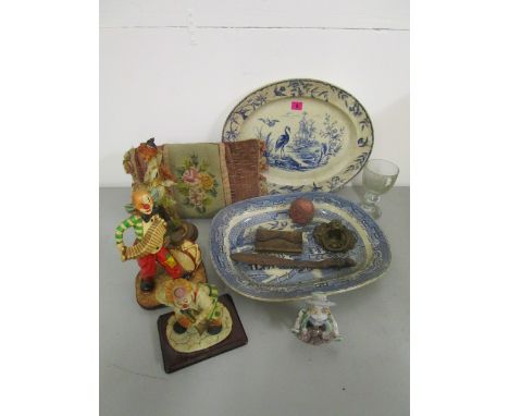 A mixed lot to include two Victorian blue and white meat dishes, a brass door knocker, a carved wooden paper knife, the handl