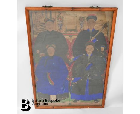 An 18th/early 19th century Chinese ancestor scroll painting, ink and colour, depicting generations in formal attire, seated b