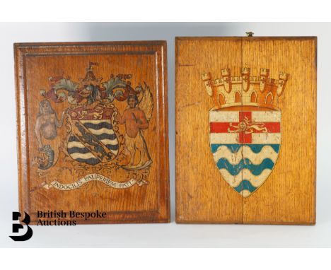 Two vintage oak plaque,&nbsp; the first relates to the Society of Merchant Venturers with Latin inscription Indocilis Pauperi