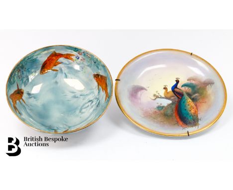 A Burleigh lustre ware bowl, decorated with carp, approx 21cms diameter. This lot concludes with a Crown Devon plate decorate