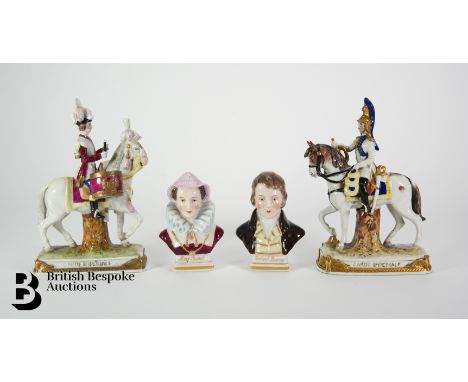Sampson Porcelain busts of Robert Burns and Mary Stuart, approx 9.5 cms h, together with two porcelain figures by Sitzendorf 