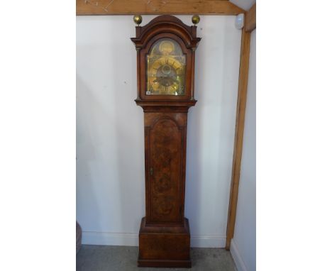 An 18th Century long case clock with a brass arched dial signed Rob Borules with a second hand and calendar, good quality mov