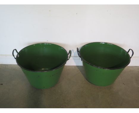 Two vintage green enamel food boilers ideal for garden planters - 57cm diameter x 35cm tall 