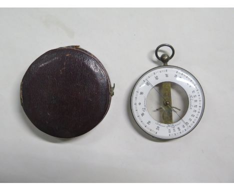 A Johann Holtzmann pocket barometer 5.5cm diameter with leather travel case, generally good, some wear yo case 