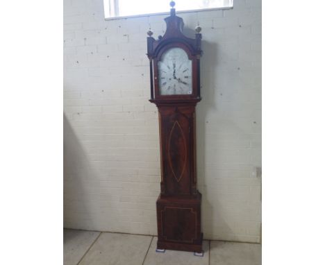 A mahogany inlaid 8 day striking long case clock with a silvered arch - 12 inch dial signed John Ranken Water of Leith - stan