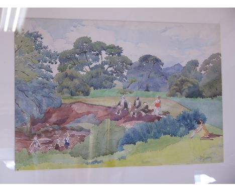 An early 20th Century watercolour of women and children resting and playing by a river, indistinctly signed, approx overall s