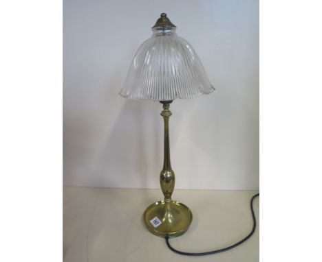 A brass desk light with a holophane type shade - 53cm tall, working and PAT tested, in good order 