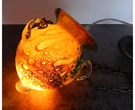 Greek light fittings made by The Roots, Athens circa 2009 - Urn shaped hand blown glass ceiling pendant with three chains, ES