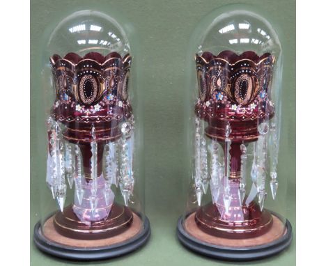 Pair of impressive high quality hand painted and gilded ruby coloured glass lustres with droplets, underneath pair of Victori