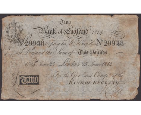 Bank of England, Henry Hase, £2, 25 June 1814, serial number 29938, printed date and serial, manuscript signature, handwritte