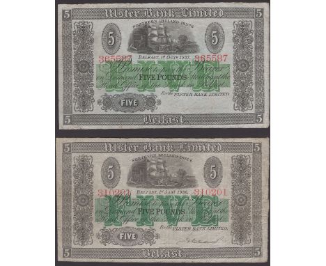 Ulster Bank Limited, £5 (2), 1 October 1937, serial number 365587, manuscript Lester signature, also 1 January 1936, serial n