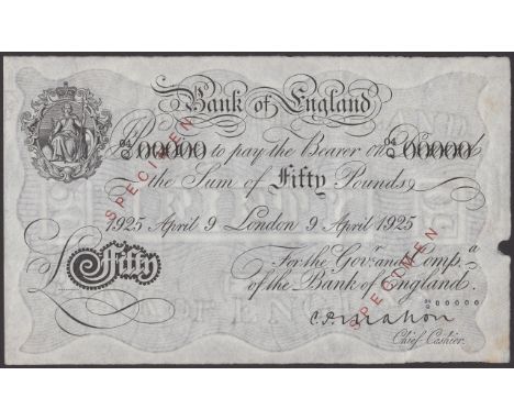 Bank of England, Cyril P. Mahon, specimen £50, London, 9 April 1925, serial number 04/Q 000000, two red SPECIMEN overprints, 