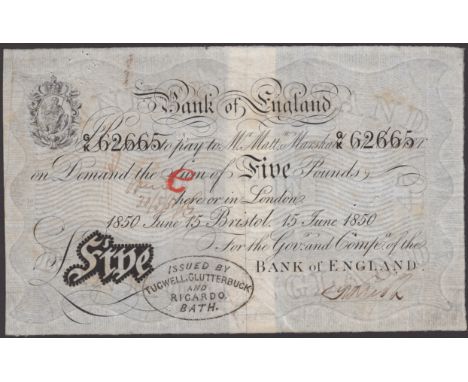 Bank of England, Matthew Marshall, £5, Bristol, 15 June 1850, serial number G/K 62665, manuscript signature, multiple pinhole