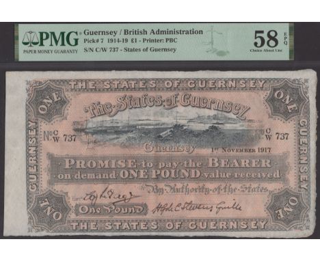 States of Guernsey, £1, 1 November 1917, serial number C/W 737, two manuscript signatures below, in PMG holder 58 EPQ, choice