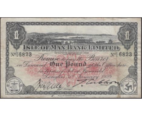 Isle of Man Bank Limited, £1, 31 January 1929, serial number Y/1 6823, manuscript Quayle and Cubbon signatures, good fine and