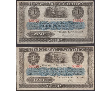Ulster Bank Limited, £1 (2), 1 June 1929, serial number 132973 and 1 April 1931, serial number 567030, manuscript signatures,