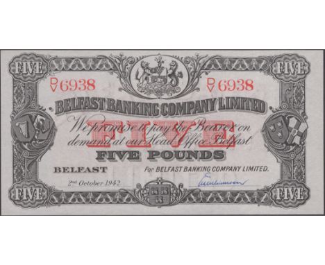 Belfast Banking Company Limited, £5, 2 October 1942, serial number D/V 6938, Keith signature, light handling otherwise uncirc