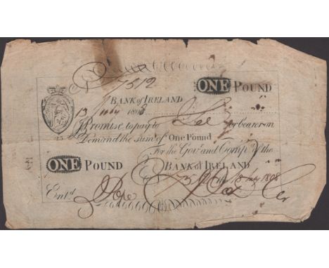Bank of Ireland, contemporary forgery of a £1, 13 July 1808, serial number 7512, large manuscript signatures, single line fra