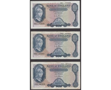 Bank of England, Leslie K. O’Brien, £5 (4), 21 February 1957, prefixes A57, D62, D75 and E26, also £5 (4), 12 July 1961, pref