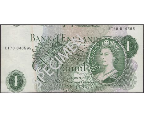 ERROR: Bank of England, John B. Page, £1, 1970, serial number ET20 840595, with significant misguillotining error, light oran