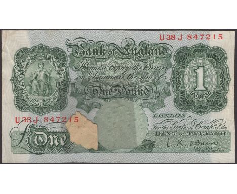ERROR: Bank of England, Leslie K. O’Brien, £1, 21 November 1955, serial number U38J 847215, rogue piece of paper introduced i