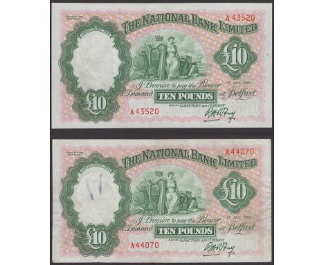 The National Bank Limited, £10 (2), 1 July 1959, serial numbers A43520 and A44070, Fry signature, first pressed extremely fin