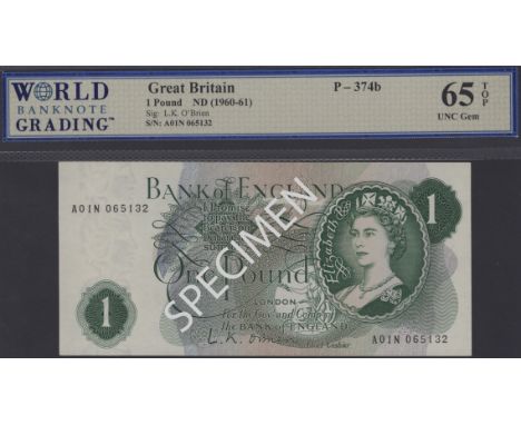 Bank of England, Leslie K. O’Brien, £1, 17 March 1960, serial number A01N 065132, small R on reverse, in WBG holder 65 TOP, a