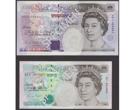 Bank of England, George M. Gill, £5 and £20, 7 June 1990, serial number A01 284960 and A01 006661, uncirculated, both first p