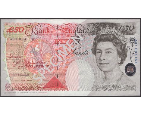 Bank of England, Graham E. A. Kentfield, £50, 20 April 1994, serial number A01 004154, uncirculated, the first prefix and a r
