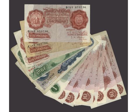 Bank of England, Leslie K. O’Brien, 10 Shillings, 21 November 1955, prefixes,  B72Y, E14Y, R46Y, £1, 1955, prefix R82J, £1, 1