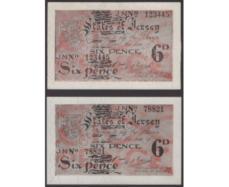 States of Jersey, 6 Pence (2), ND (1942), serial number 78821 and 123445, uncirculated and good very fine, the second note on