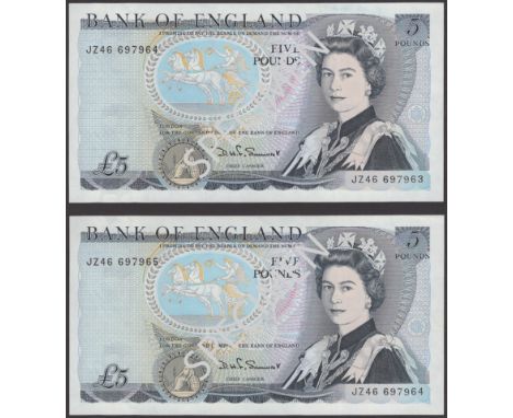 ERROR: Bank of England, David H. F. Somerset, £5 (2), 1980, consecutive mismatched serial numbers JZ46 697963 and 64 and JZ46