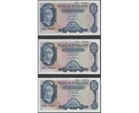 Bank of England, Leslie K. O’Brien, £5 (4), 21 February 1957, prefixes A29, B33, D63 and D64, first good very fine, others go