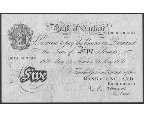 Bank of England, Leslie K. O’Brien, £5, 29 May 1956, serial number D01A 009544, about uncirculated and a first prefix for the