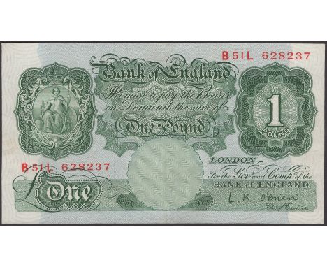 ERROR: Bank of England, Leslie K. O’Brien, £1, 21 November 1955, serial number B51L 628237, wet ink error with O’Brien signat