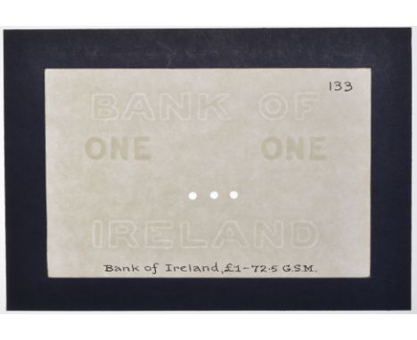 Bank of Ireland, watermarked paper (2) first used on the £1 of 1922, glued into blue card frames, ink annotations on paper, a