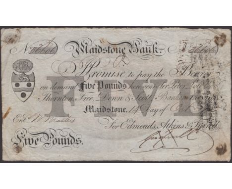 Maidstone Bank, for Edmeads, Atkins & Tyrrell, £5, 14 October 1825, serial number A36606, Tyrrell signature, light mounting t