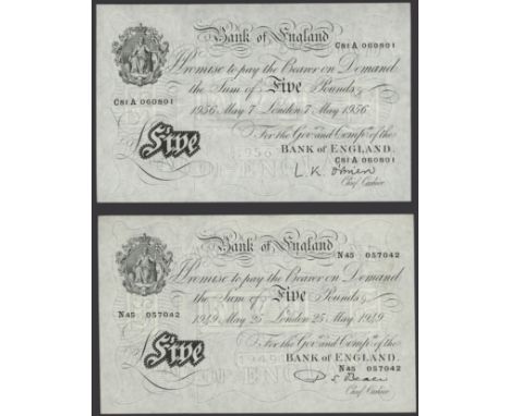 Bank of England, Percival S. Beale, £5, 25 May 1949, serial number N45 057042, also Leslie K. O’Brien, £5 (2), 31 March 1955,