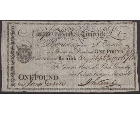 Bank of Limerick, for George Mausell, John Kennedy and Robert Hedges Mausell, £1, 18 September 1819, serial number 676, manus