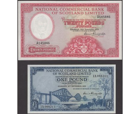 National Commercial Bank of Scotland, £1 (2), £5 and £20, 16 September 1959, serial numbers 1A 088211, F242612, D977890 and A