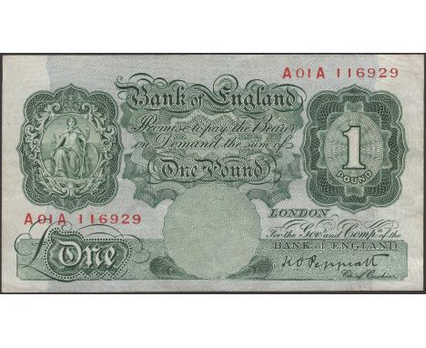 Bank of England, Kenneth O. Peppiatt, £1, 17 October 1934, serial number A01A 116929, a presentable fine and an extremely rar