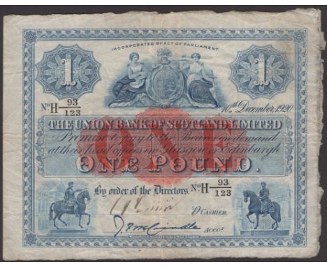 Union Bank of Scotland, £1, 10 December 1920, serial number H 93/123, McCrindle signature and one additional manuscript signa