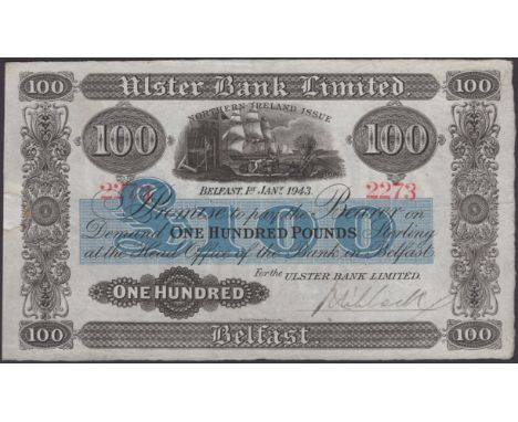 Ulster Bank Limited, £100, 1 January 1943, serial number 2273, manuscript Niblock signature, repair in left margin with small