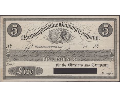 Northamptonshire Banking Company, Wellingborough, proof on paper for £5, 18-, no serial number or signature, signature strip 